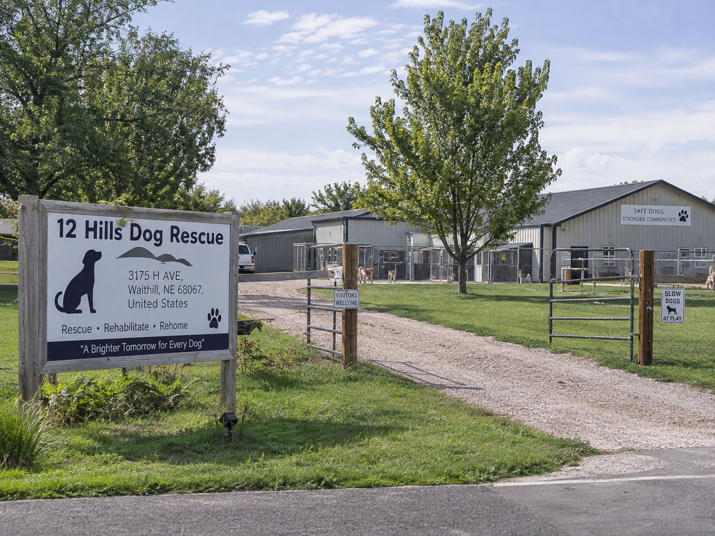 The entrance to 12 Hills Dog Rescue: the roadside sign at 3175 H Ave, Walthill, a gravel drive, and kennel barns with fenced play yards